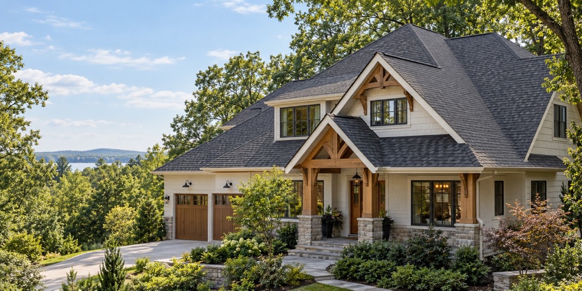 A well-maintained home with a detailed charcoal shingle roof